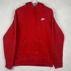 Nike Sweater Mens Medium Red Hooded Logo Sweatshirt Pockets Pullover Casual